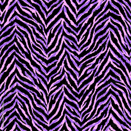 Neon purple and pink zebra fur texture seamless pattern. Exotic animal vector background. 