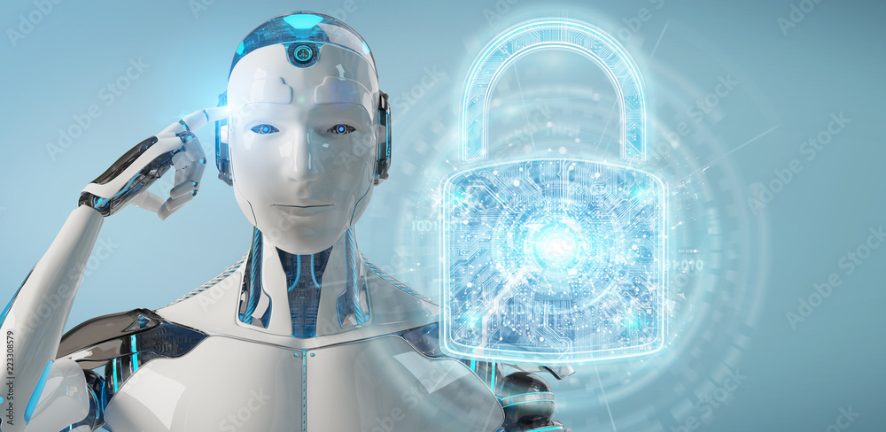 Naklejka premium Web security protection interface used by robot 3D rendering