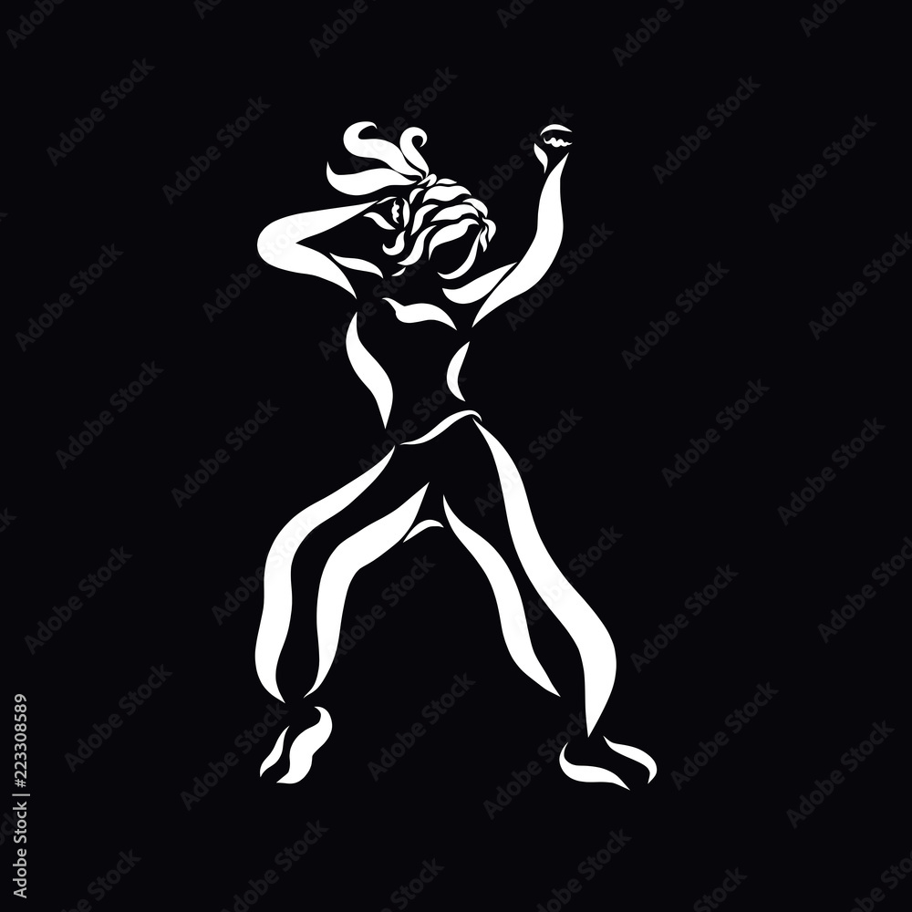 Woman performing energetic dance, white lines on a black background