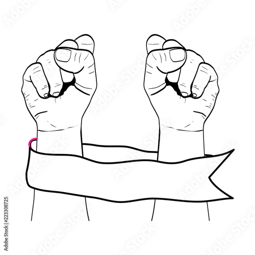 line people hands up oppose with ribbon