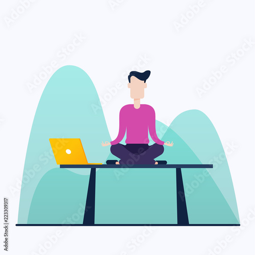 Businessman doing yoga to calm down the stressful emotion from hard work in office over desk with office process icons on background.