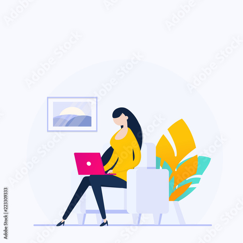 A freelancer woman works at home.Vector illustration
