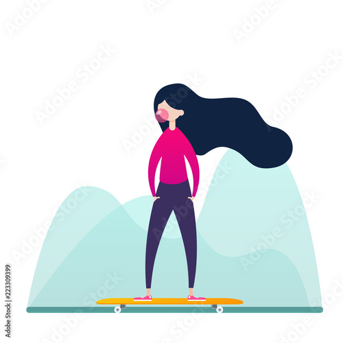 Girl skateboarder ride a skate illustration in vector
