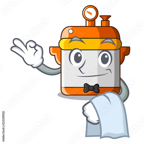 Waiter electric rice cooker isolated on cartoon