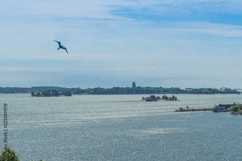 Landscape of Helsinki, Finland. View from an island over the city. Scandinavian landscape. Finnish harbour