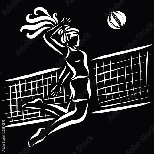 Girl playing volleyball, white sketch on a black background