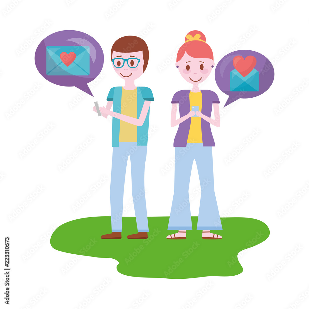 young couple with speech bubbles avatar character