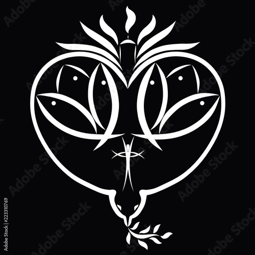 Abstract Christian symbolism, bird in the form of heart with a branch and a candle, fish, cross and lilies photo