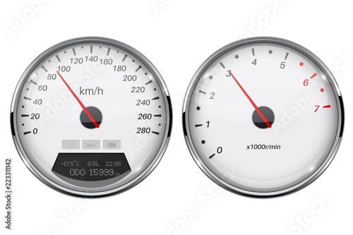 Speedometer and tachometer. White gauge with metal frame