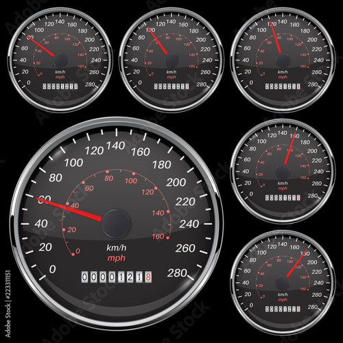 Speedometer set. Black speed gauge with metal frame on black background