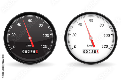 Speedometer. Black and white speed gauge with metal frame. 50 km per hour