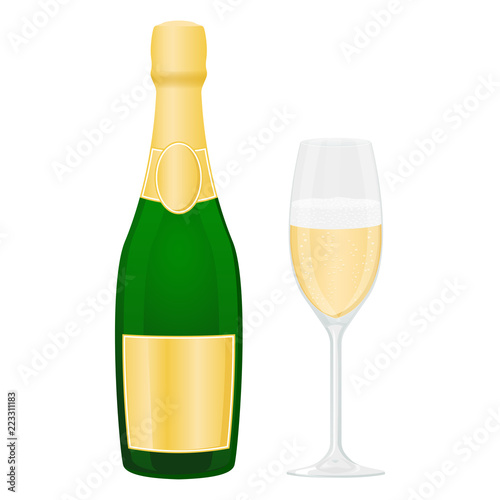 Bottle and glass of sparkling wine or champagne. Colored vector illustration