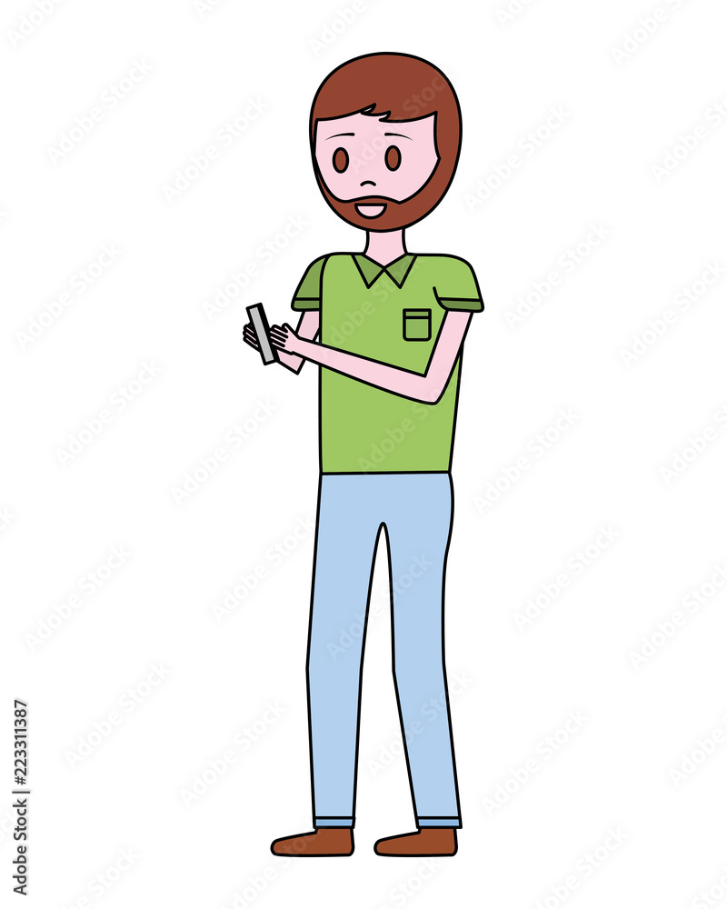 young man with smartphone avatar character young man with smartphone avatar character