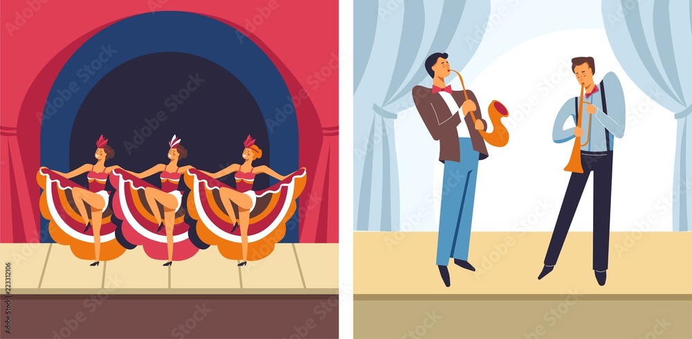 Concert female dancers and male musicians set vector Concert female dancers and male musicians set vector
