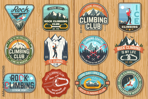Set of Rock Climbing club badges on the wood board. Vector.