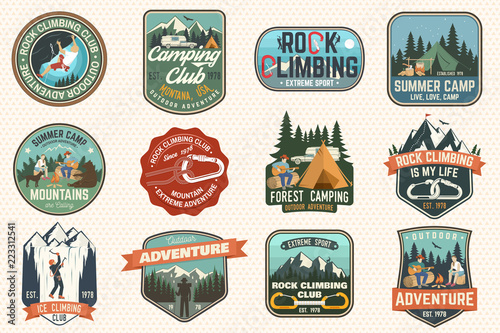 Set of Rock Climbing club and summer camp badges. Vector.