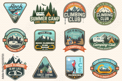 Set of Rock Climbing club and summer camp badges. Vector.