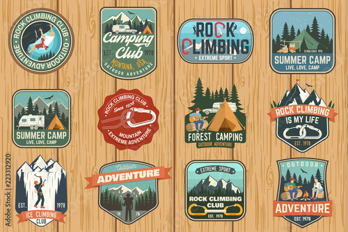 Set of Rock Climbing club and summer camp badges. Vector.