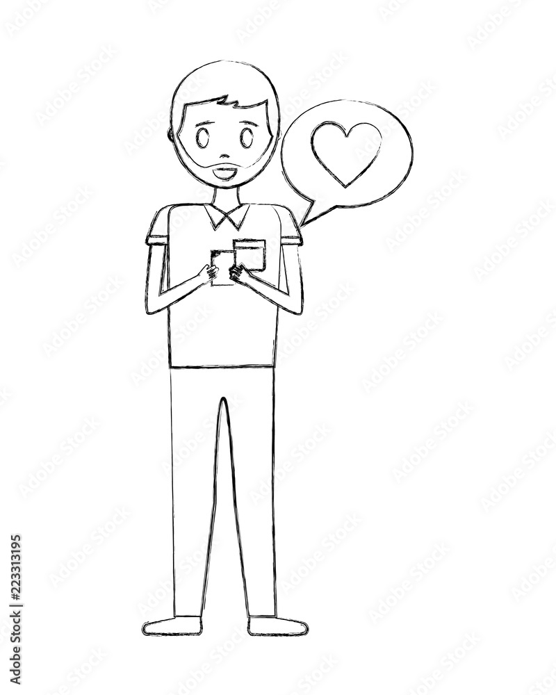 young man using mobile speech bubble love young man using mobile speech bubble love