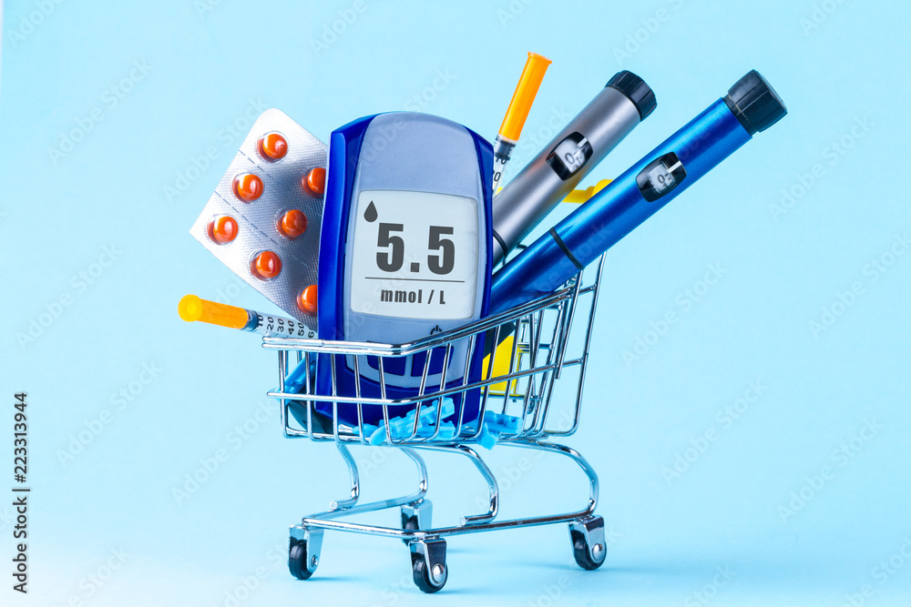 domain Amplify heritage Diabetes concept. Diabetes. Diabetic supplies in shop trolley on a blue  background. Stock Photo | Adobe Stock