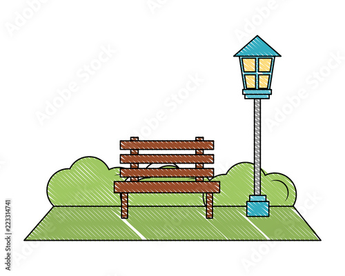 park bench lamppost bushes natural