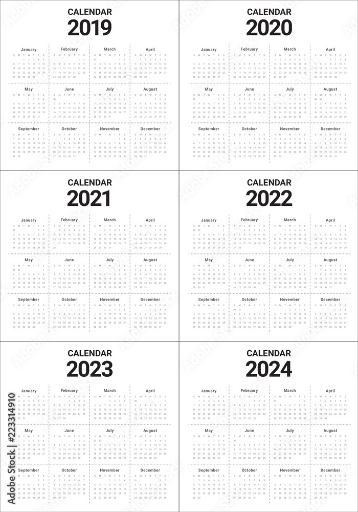 Year 2019 2020 2021 2022 2023 2024 calendar vector design template ...