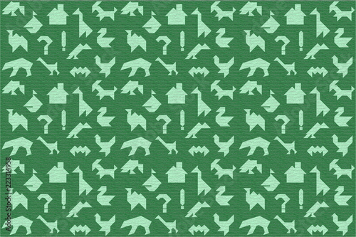 Green background with tree texture and silhouettes for puzzle tangrams