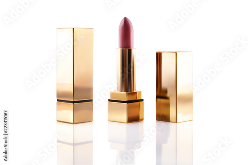 Realistic lipstick cosmetic makeup mockup set. Vector 3d pink red golden color pomade tube. Beauty fashion women gold accessory. Sexy elegant glamour face makeup cosmetics.