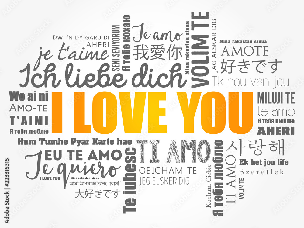 Fototapeta miłosne słowa „Kocham cię” we wszystkich językach świata, tło chmura słów