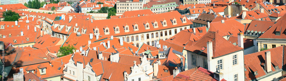 Panorama of the rooftops of Prague. Prague skyline rooftop view with historical buildings panorama in Czech Republic.