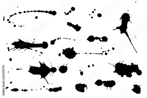 Set of black hand made blots and ink splashes