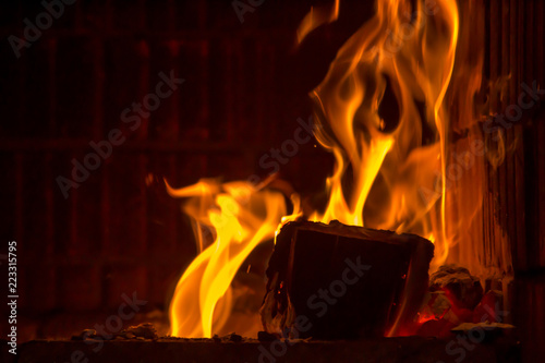 Burning firewood in flames in the fireplace