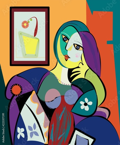 Colorful abstract background, cubism art style, portrait of woman sitting