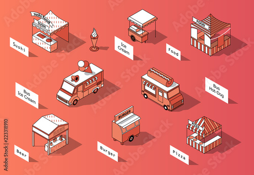 Vector 3d isometric food courts and trucks. Shops with sushi, beer, pizza. Mobile markets with canopy made in orange colors and thin black lines. Urban concept, elements for map of town, marketplace.