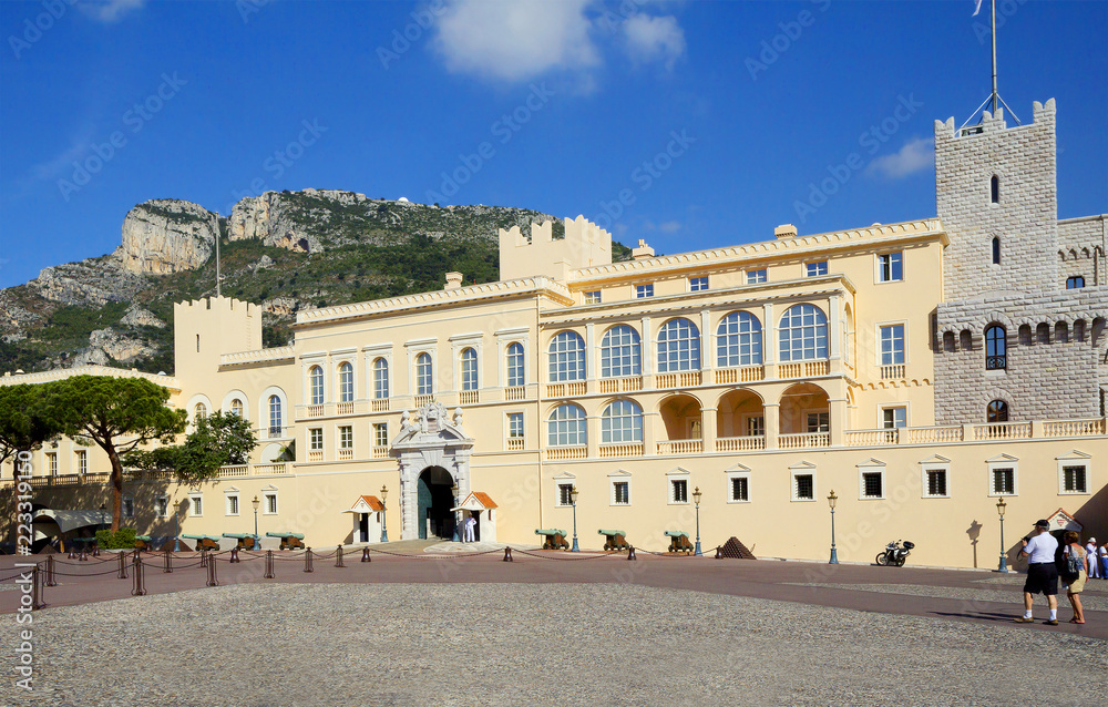 Monaco, Prince's Palace. On the square in front of the Palace installed guns. Dressed in white officers stand in the guard of honor.