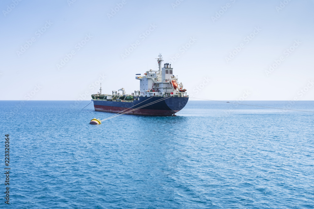 a sea cargo ship anchored near the shore, against a background of the sea horizon a sea cargo ship anchored near the shore, against a background of the sea horizon