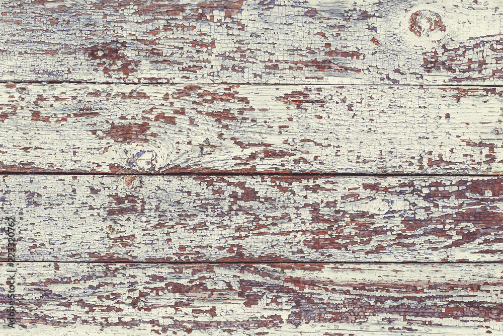 Naklejka premium Old gray shabby wooden planks with cracked color paint