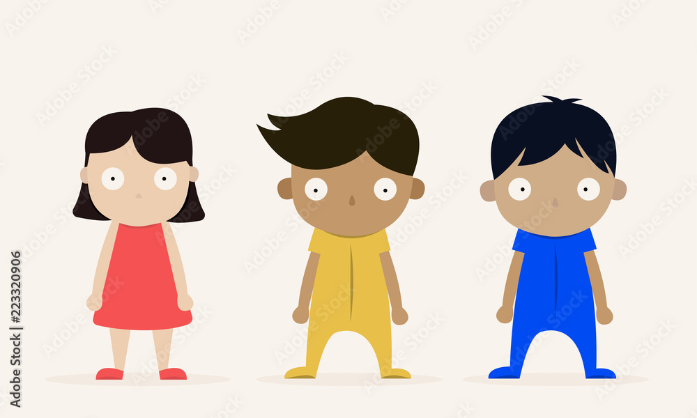 Three kids character shocked and standing on white background Three kids character shocked and standing on white background