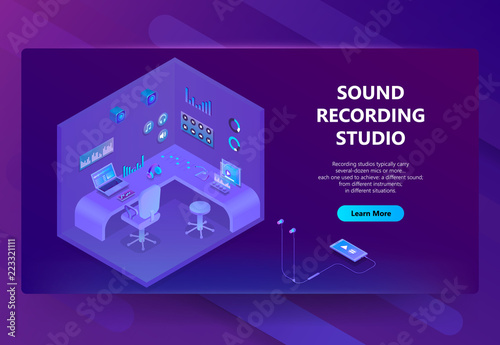 Vector 3d isometric template for site construction of sound recording studio. Violet room with equipment to create music. Ultraviolet headphones with loudspeakers, audio devices. Portal with button.