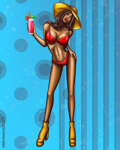 Vector pop art nude girl in red underwear with cocktail. Sexy young tanned female character for summer sale, advertising, promo. Attractive woman in yellow hat on isolated on blue dotted background.