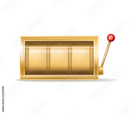 Vector golden slot machine with empty reel, shiny metal element. One-handed bandit with coins, jackpot. Gambling equipment with shadow isolated on white background. Casino concept with luck.