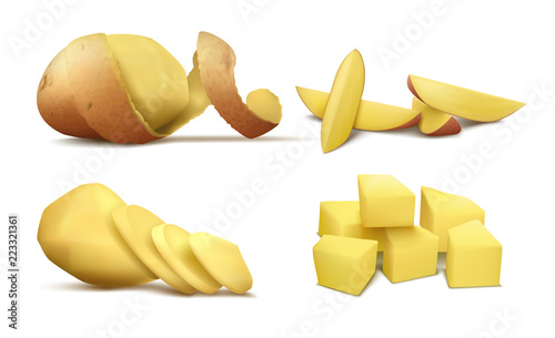 Vector realistic clipart with raw peeled potato, whole vegetable with brown spiral peel and slices isolated on white background. Natural organic food, farm product for eating, ingredient for cooking