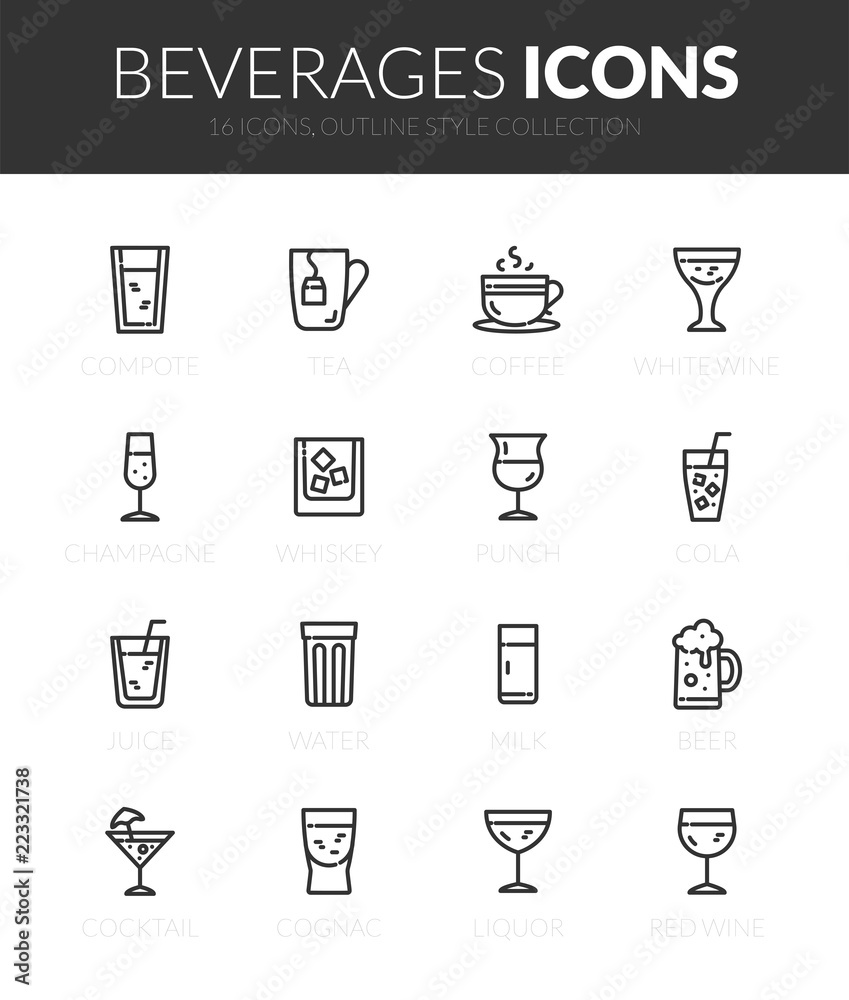 Outline black icons set in thin modern design style Outline black icons set in thin modern design style