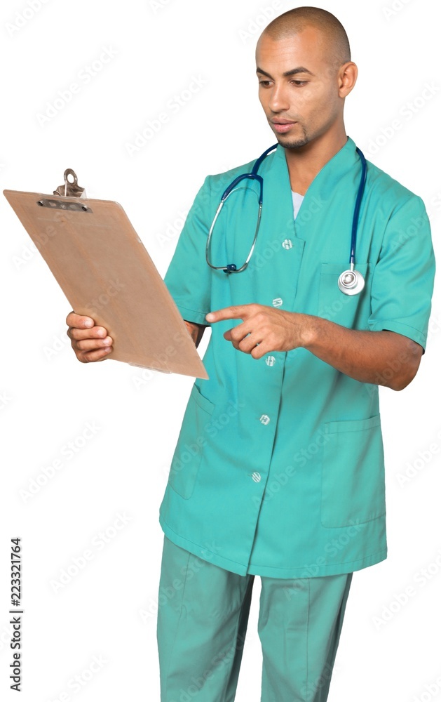 Handsome doctor with stethoscope portrait on white  background
