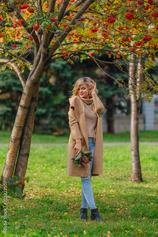 Beautiful elegant woman standing under the rowan tree in autumn park Beautiful elegant woman standing under the rowan tree in autumn park