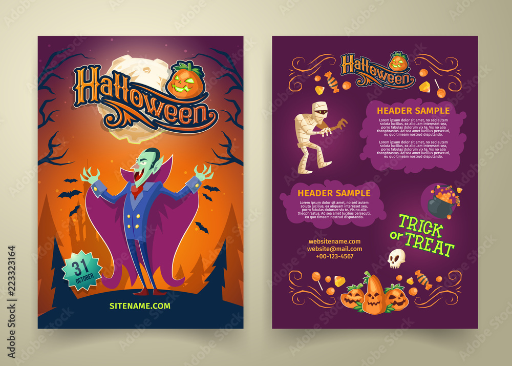 Vector Halloween invitation on list. Brochure template with headers. Background with count Dracula, scary mummy and cartoon pumpkins. Posters with website link isolated on gray background. Vector Halloween invitation on list. Brochure template with headers. Background with count Dracula, scary mummy and cartoon pumpkins. Posters with website link isolated on gray background.