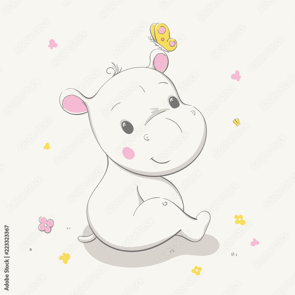 Naklejka premium Lovely cute hippo sits in a clearing with a butterfly on the ear. Card with cartoon animal.