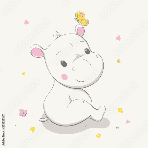 Lovely cute hippo sits in a clearing with a butterfly on the ear. Card with cartoon animal.