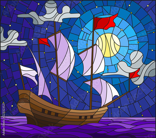 Illustration in stained glass style with an old ship sailing with white sails against the sea, moon and starry sky, seascape 