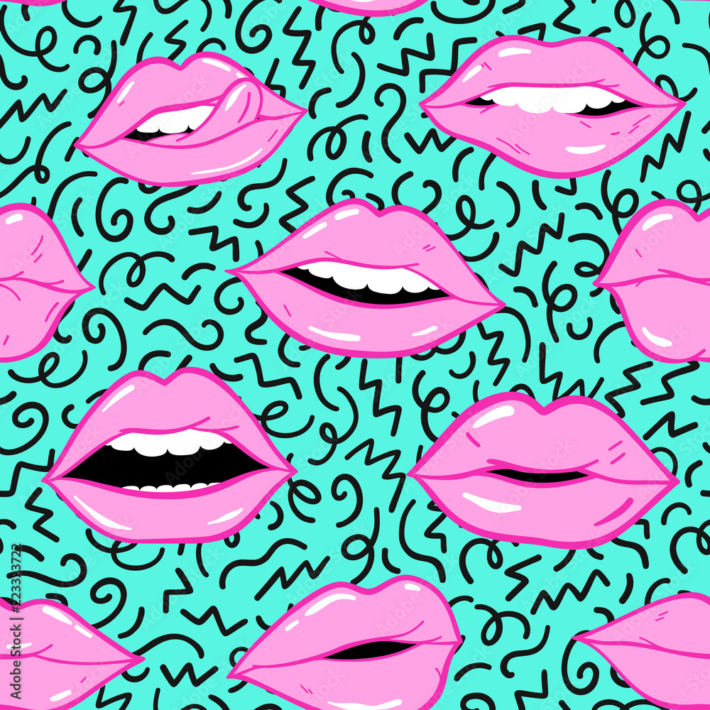 Obraz premium Beauty, makeup, cosmetic fashion seamless pattern. Vector red pink color doodle lips patches in pop art 80s-90s style. Woman's sexy emotions mouth.